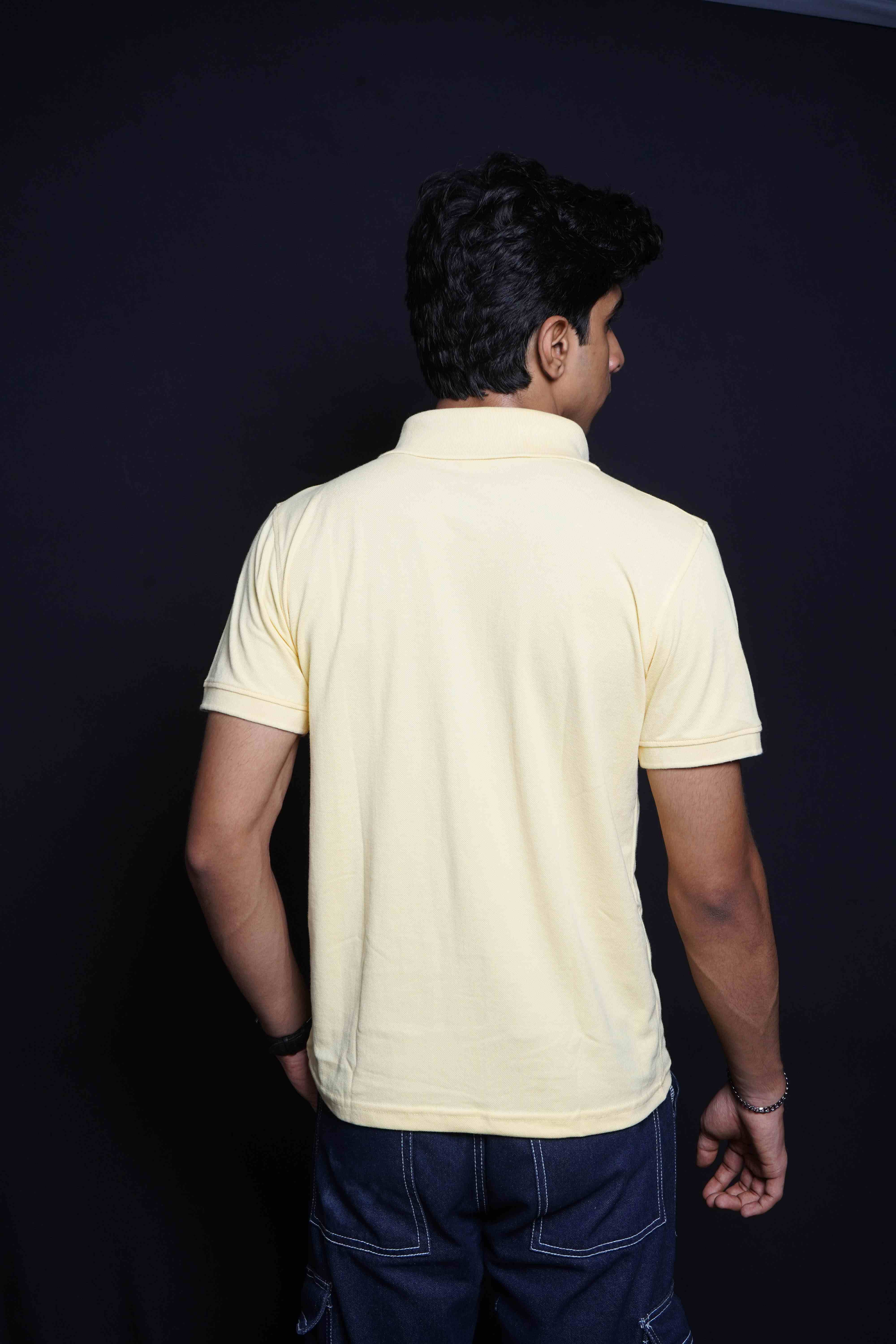 One Denim Sunny Light Yellow Plain Polo Neck Cotton T-Shirt