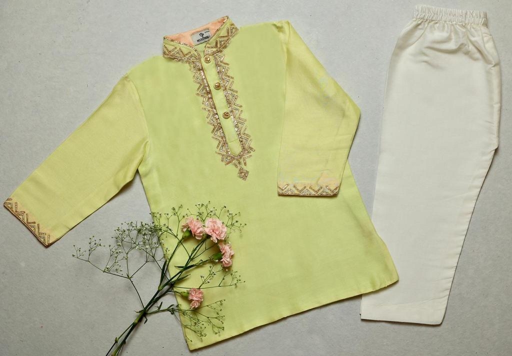 Mockingbird | Lime Green Kurta With Gota Work & Ivory Pyjama undefined