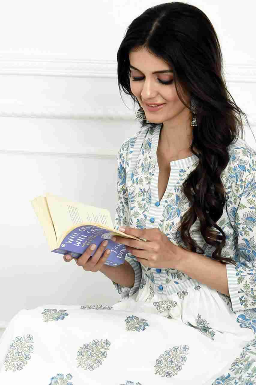 Naksh White And Blue Cotton Printed Gathered Kurta