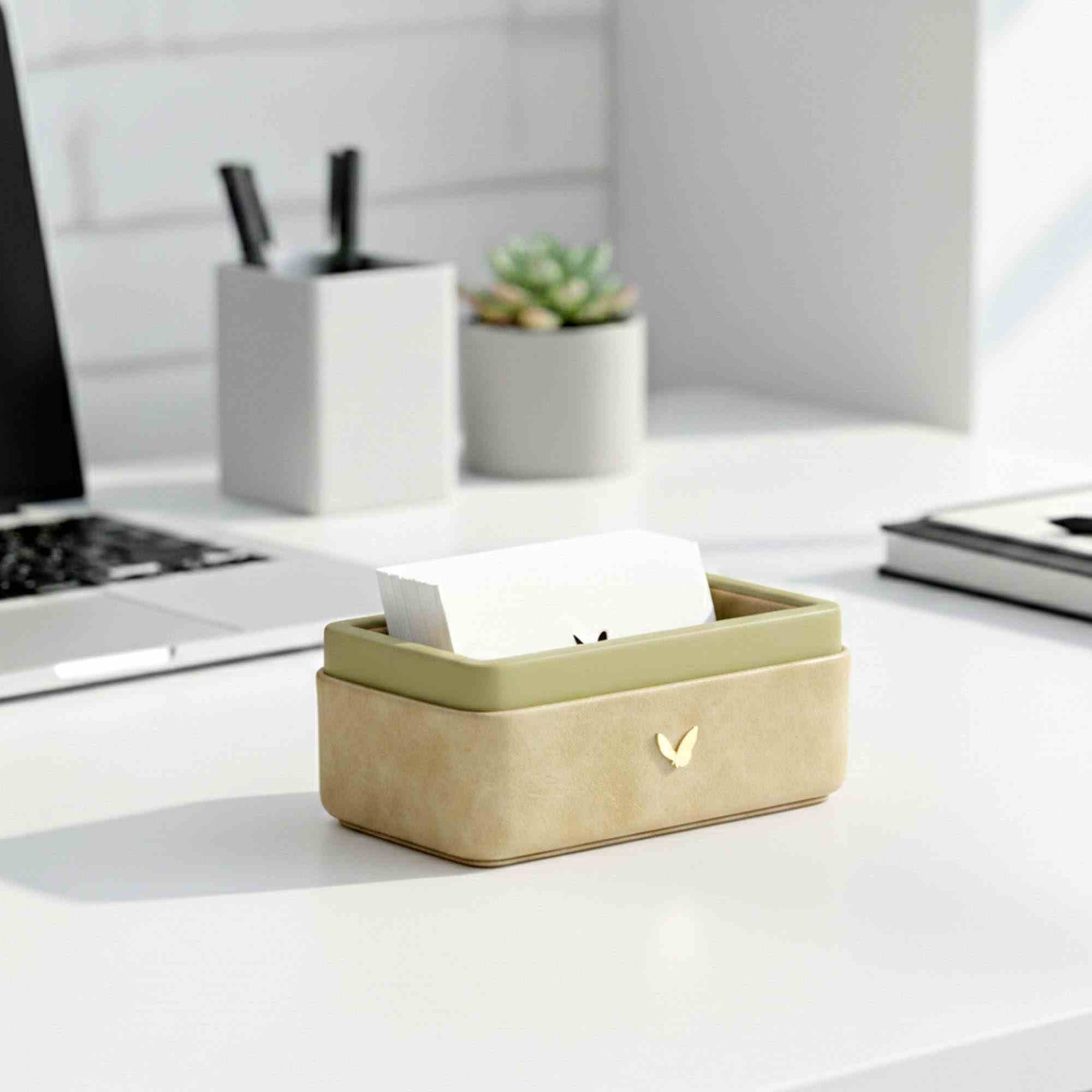 Visiting Card Holder for Desk | Faux Leather | Rectangular | Moderno | Cream