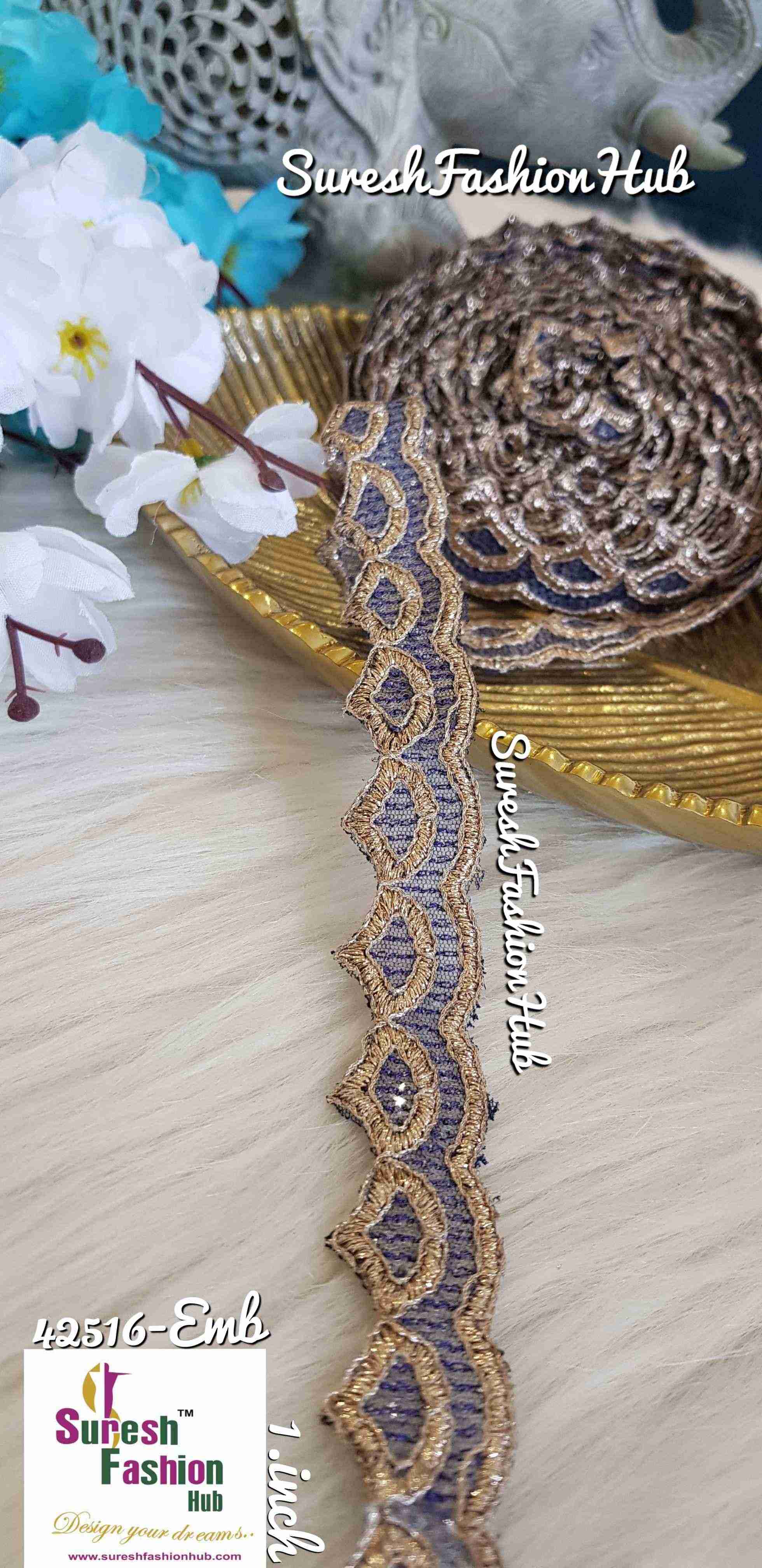 Glittering Royal Blue Waves Embroidered Trim