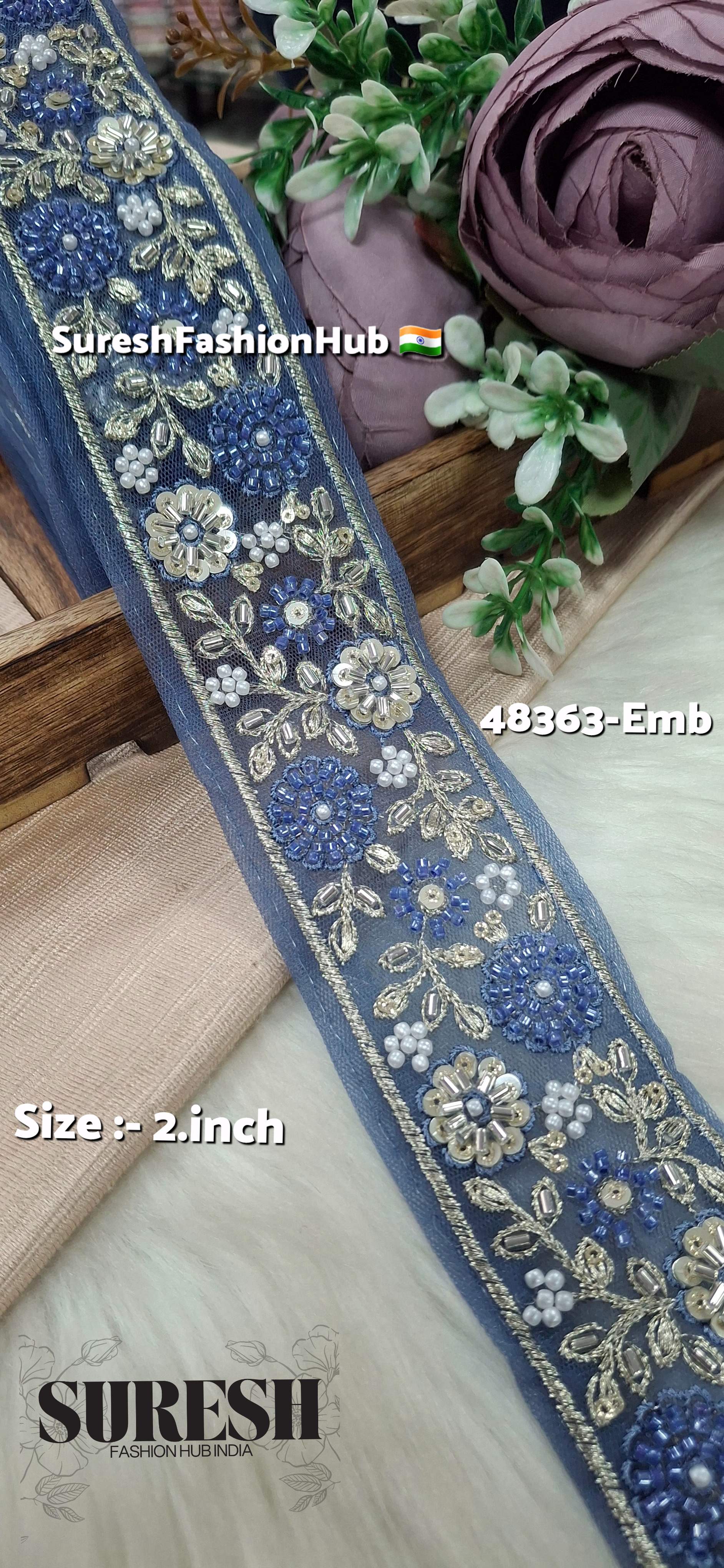 Blue Beaded Floral Net Embroidered Lace