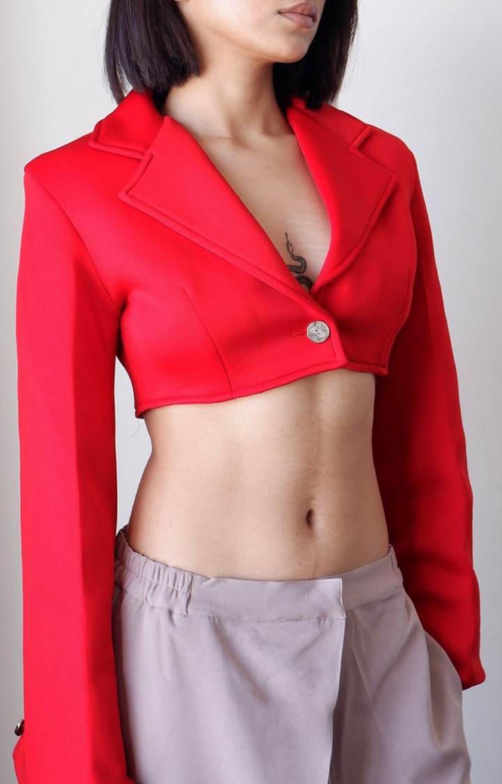 Women's Red Blockframe Cropped Blazer