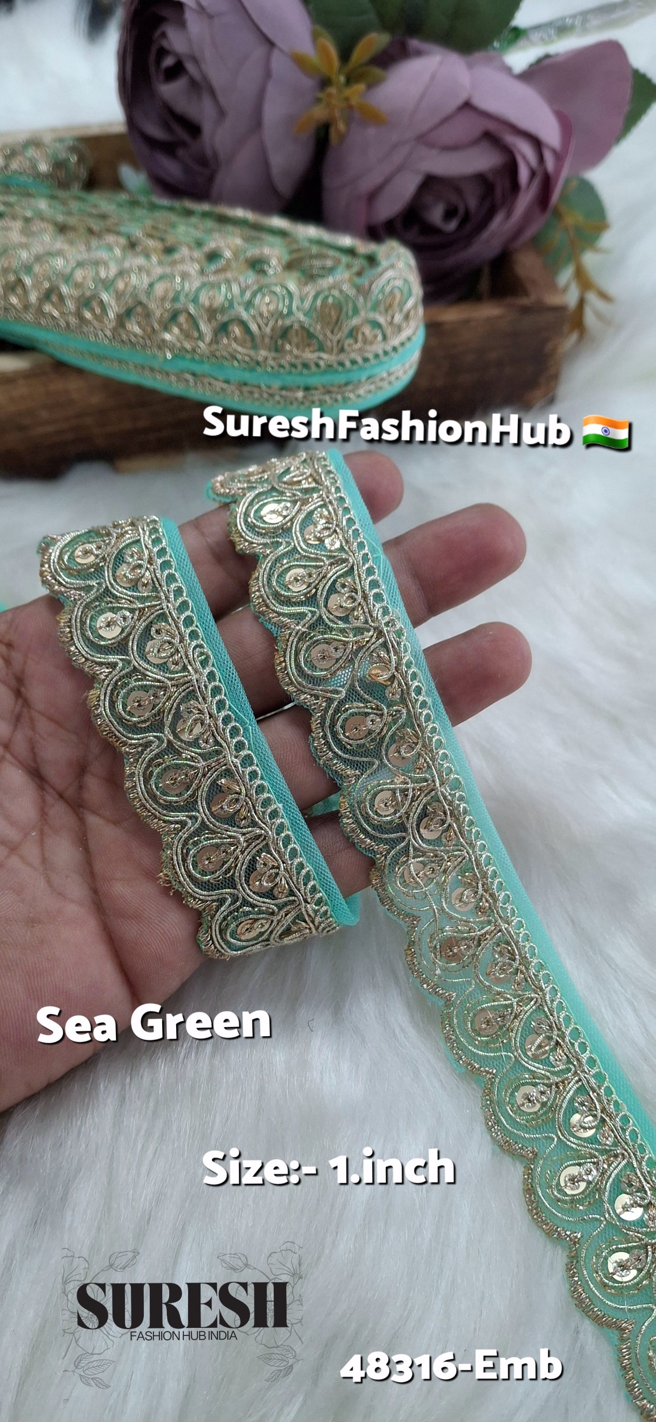Sea Green Pearl Dori One Side Scallop Embroidery Lace