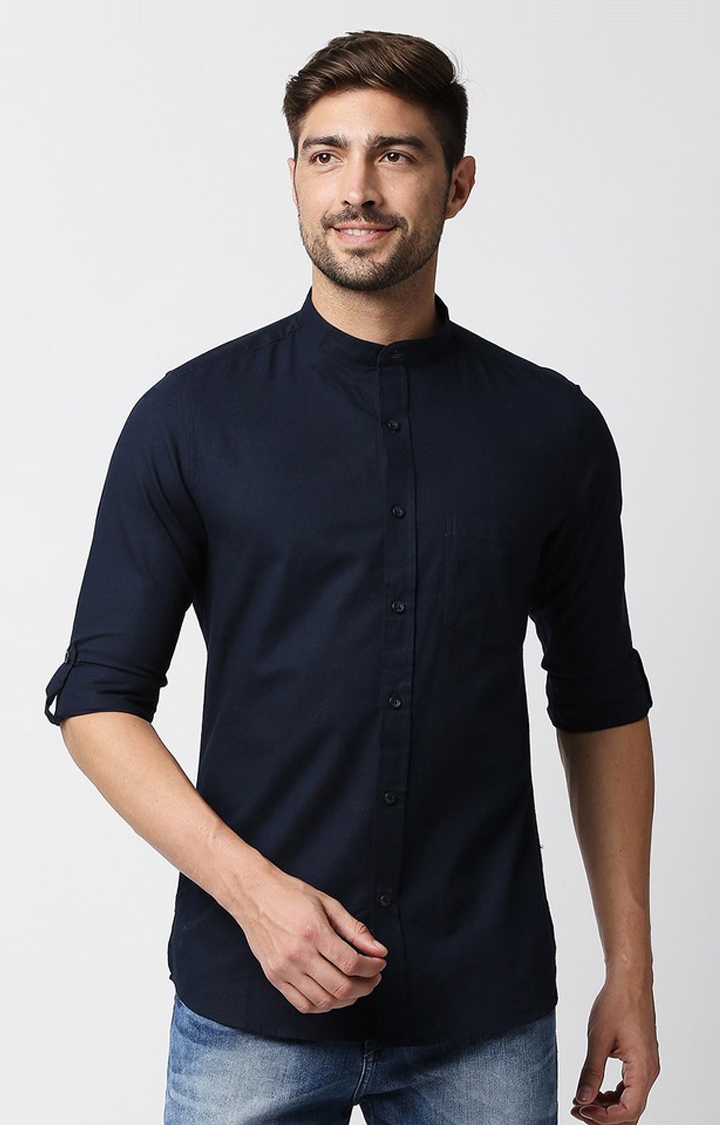 EVOQ | EVOQ's Navy Blue Cotton-Linen Full Sleeves Casual Shirt with Roll up Sleeves Tab and Mandarin Collar 0