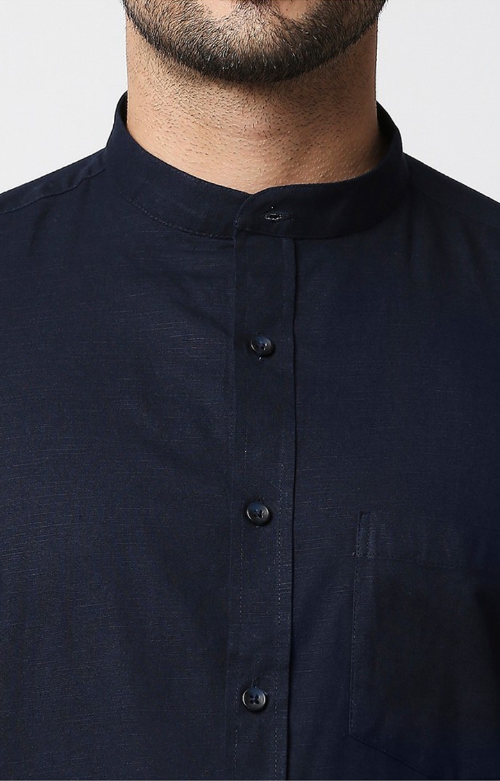 EVOQ | EVOQ's Navy Blue Cotton-Linen Full Sleeves Casual Shirt with Roll up Sleeves Tab and Mandarin Collar 5