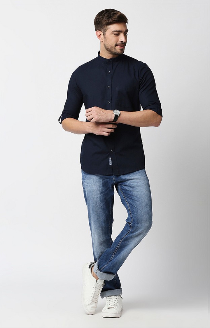 EVOQ | EVOQ's Navy Blue Cotton-Linen Full Sleeves Casual Shirt with Roll up Sleeves Tab and Mandarin Collar 1