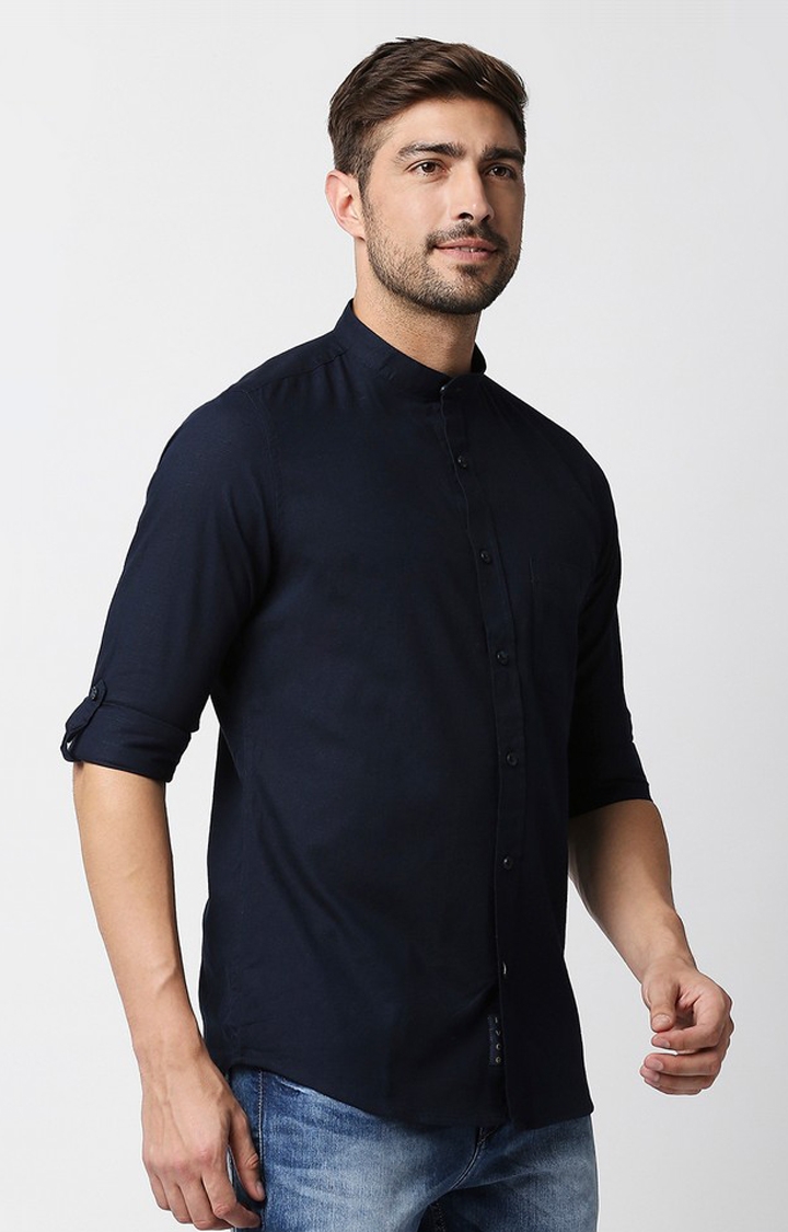 EVOQ | EVOQ's Navy Blue Cotton-Linen Full Sleeves Casual Shirt with Roll up Sleeves Tab and Mandarin Collar 2