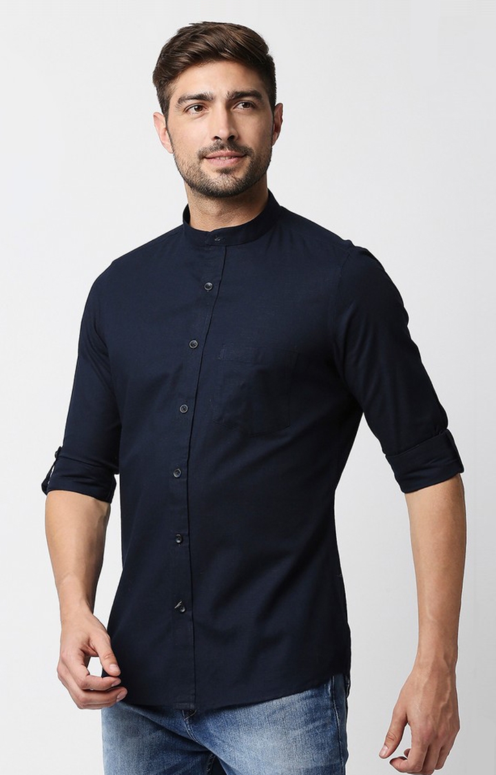 EVOQ | EVOQ's Navy Blue Cotton-Linen Full Sleeves Casual Shirt with Roll up Sleeves Tab and Mandarin Collar 3