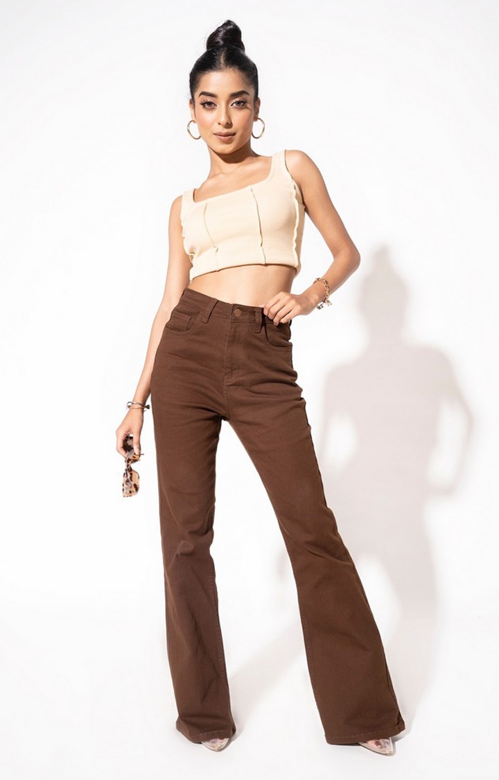 Women Chocolate Brown Bootleg High Rise Flare Jeans