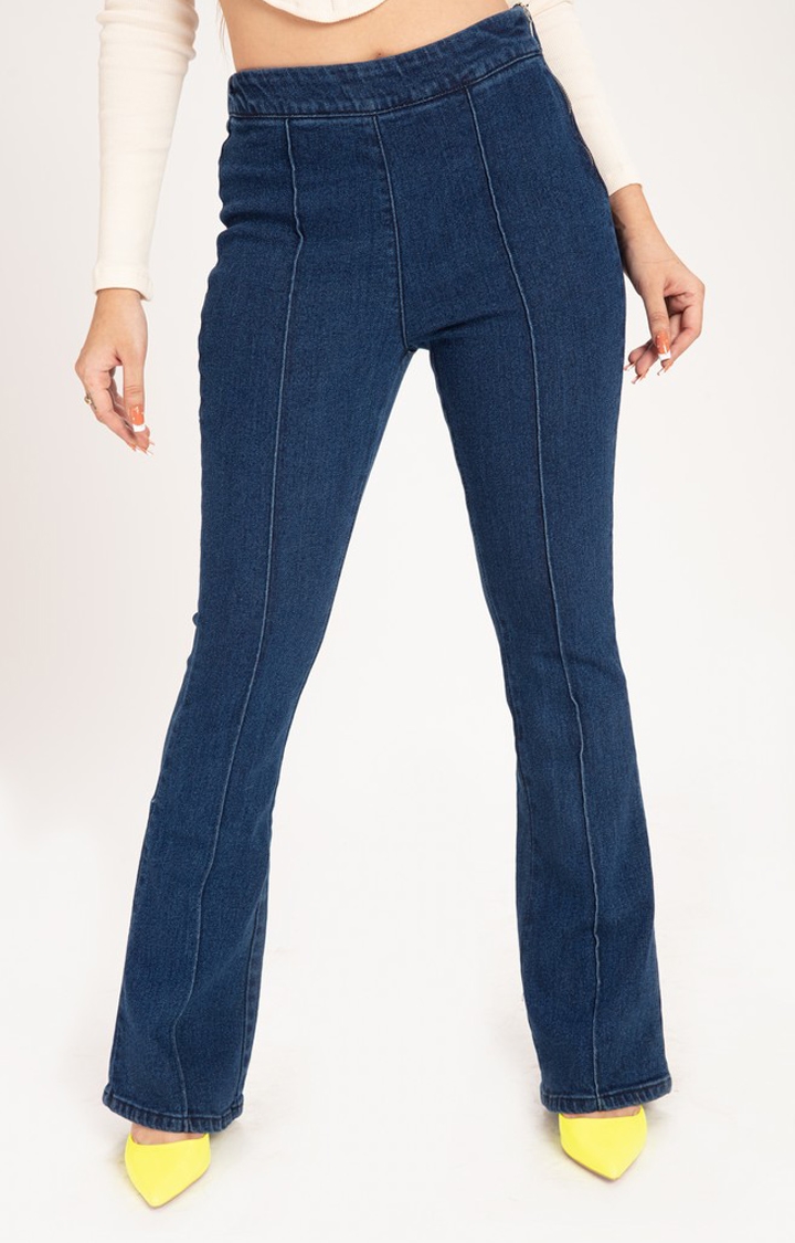 Offduty India | Women Deep Blue Chic Fit Flare High Rise Jeans
