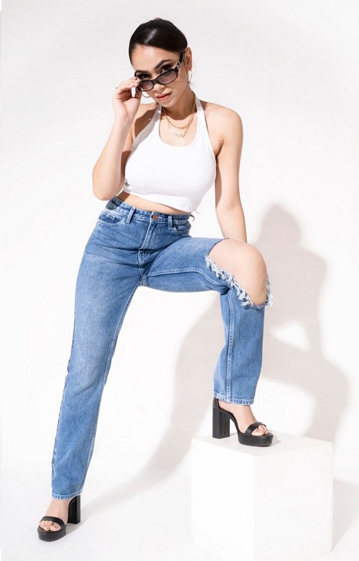 Women Cool Blue Open Knee Straight Leg Jeans