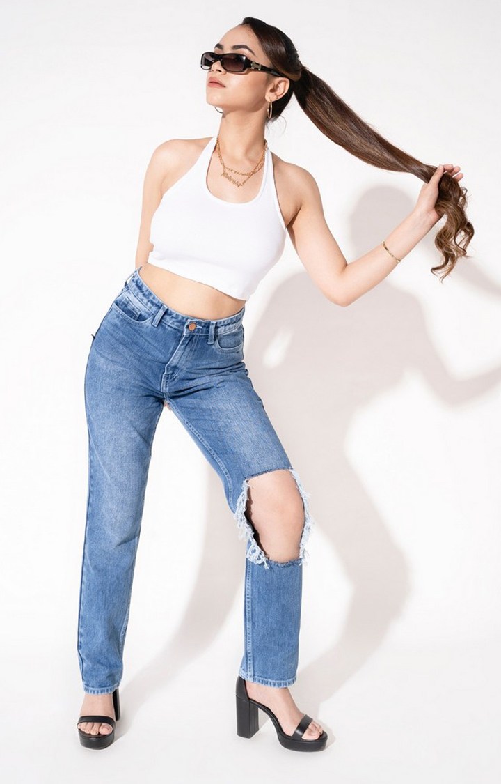 Women Cool Blue Open Knee Straight Leg Jeans