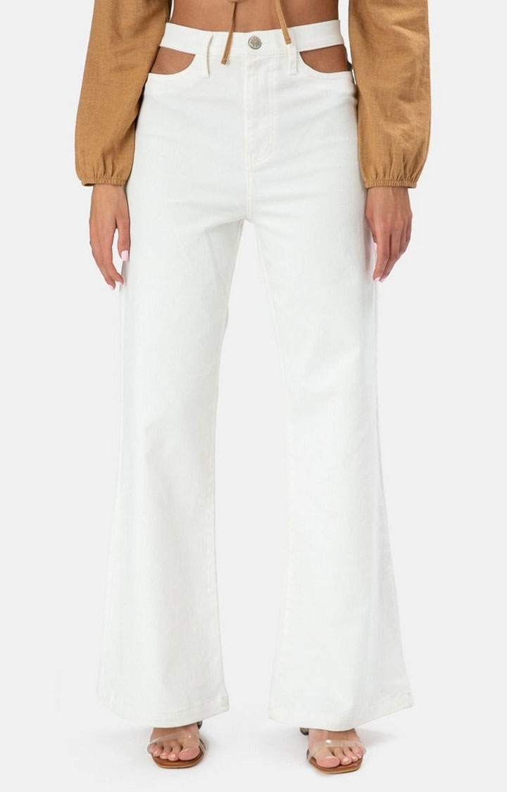 Women White Waist Cut Out Flare Jeans