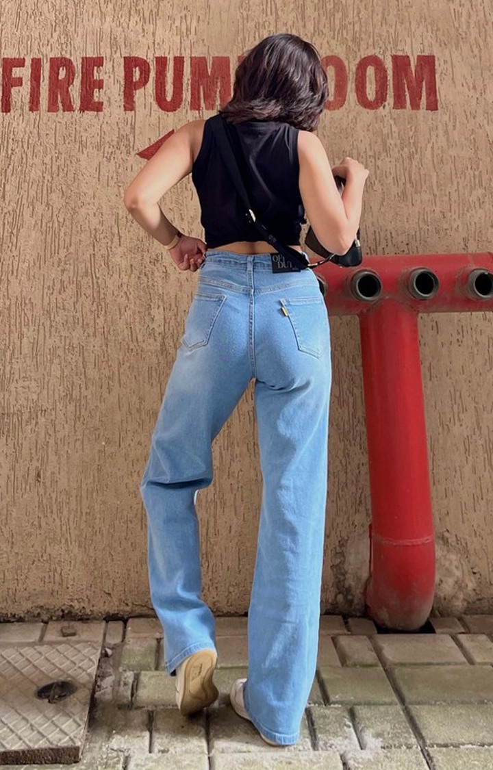 Women Iceberg Blue Super Rise Baggy Straight Leg Jeans