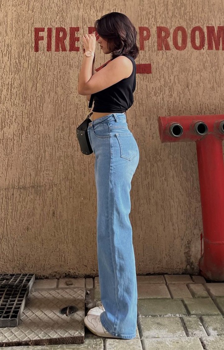 Women Iceberg Blue Super Rise Baggy Straight Leg Jeans