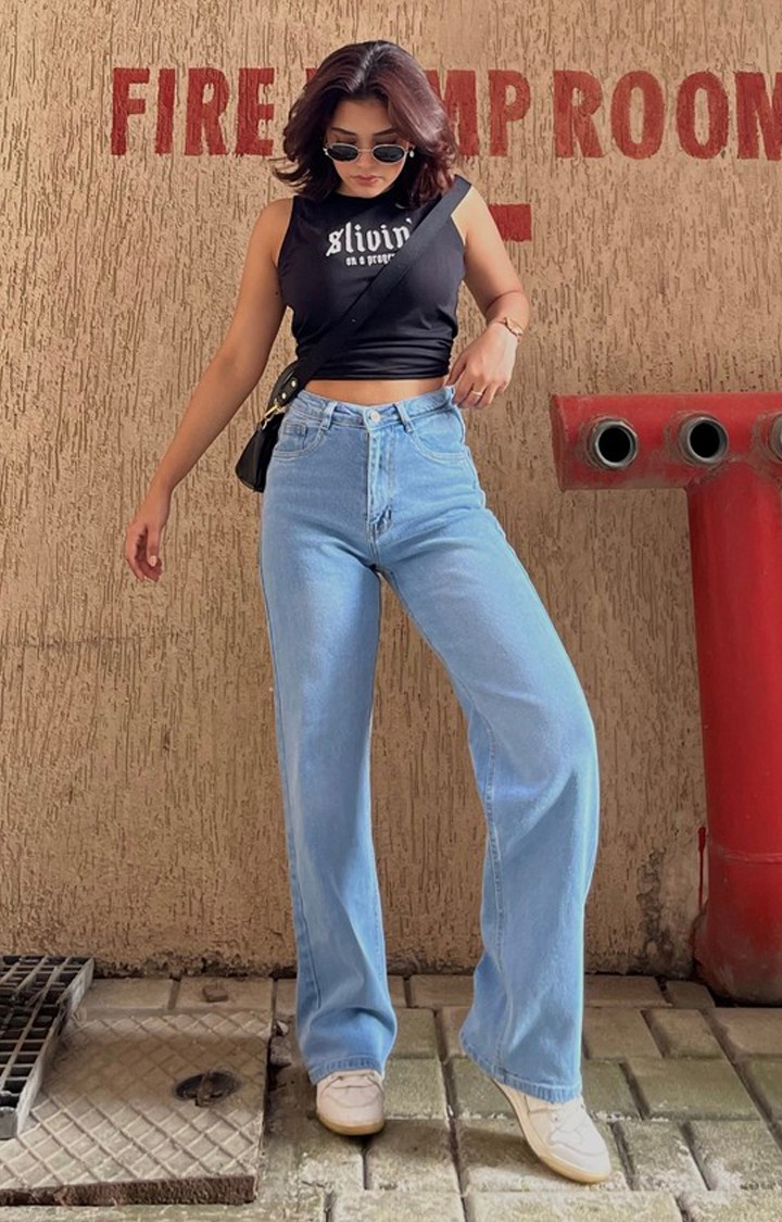 Women Iceberg Blue Super Rise Baggy Straight Leg Jeans