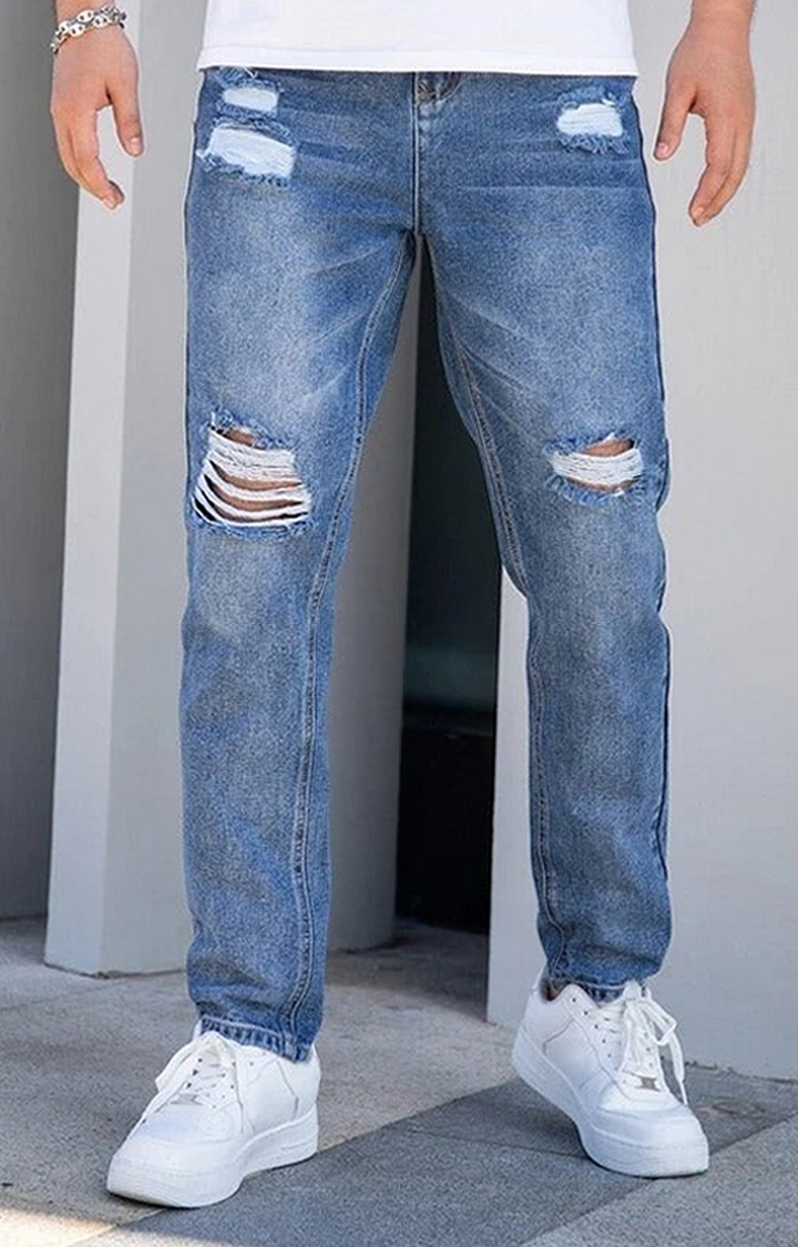 Raw Blue Wash Torn Straight Leg Baggy Men's  Jeans