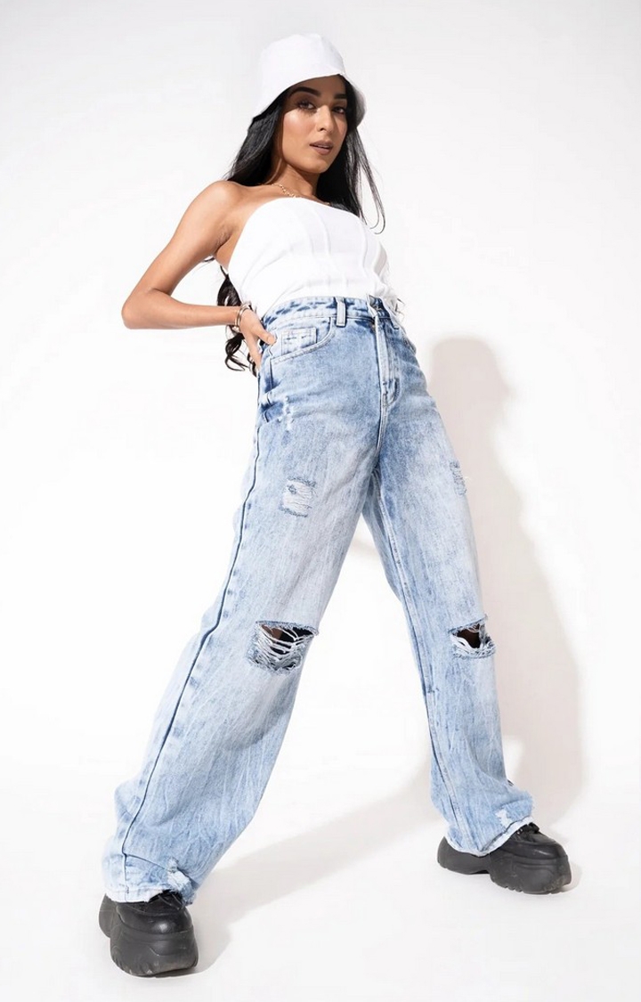 Offduty India | Women Wash Distressed Wide Leg Jeans 0