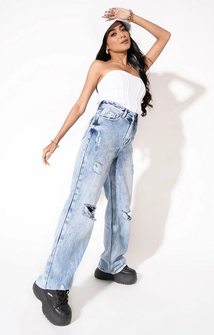 Offduty India | Women Wash Distressed Wide Leg Jeans 2