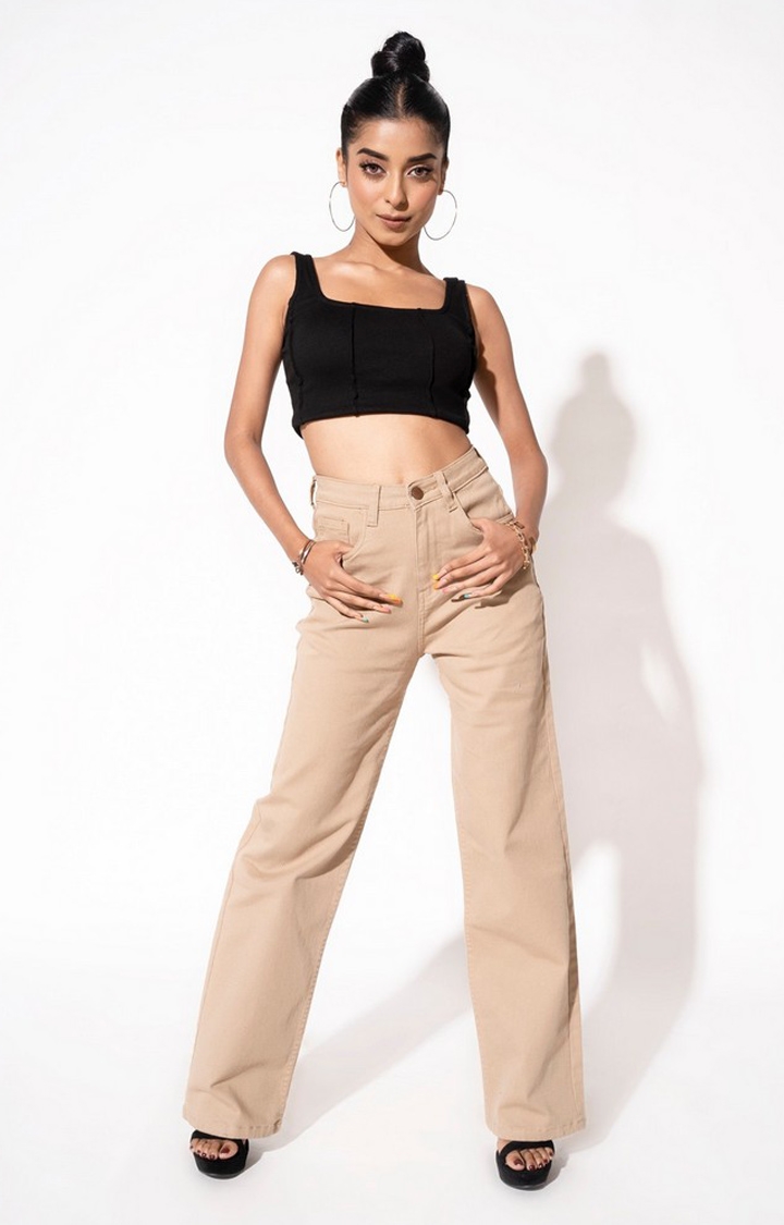 Buy Beige Cotton Solid Straight Pant Online in India