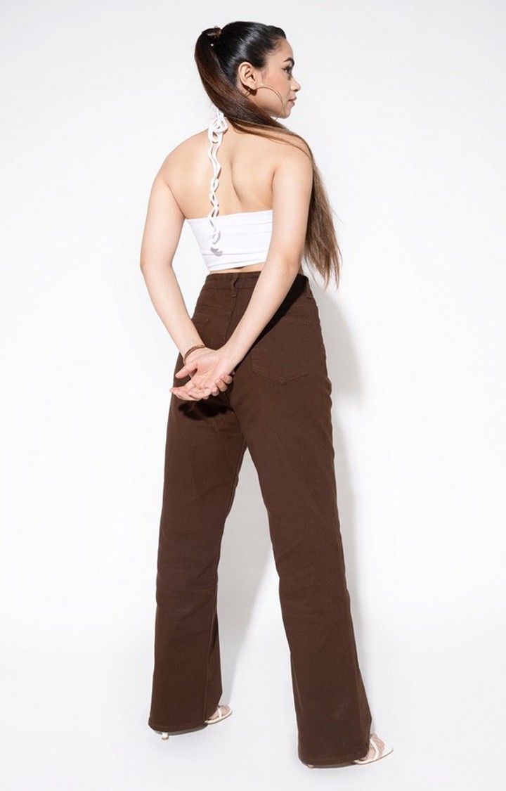 Women Mocha Brown Wide Leg High Waist Jeans