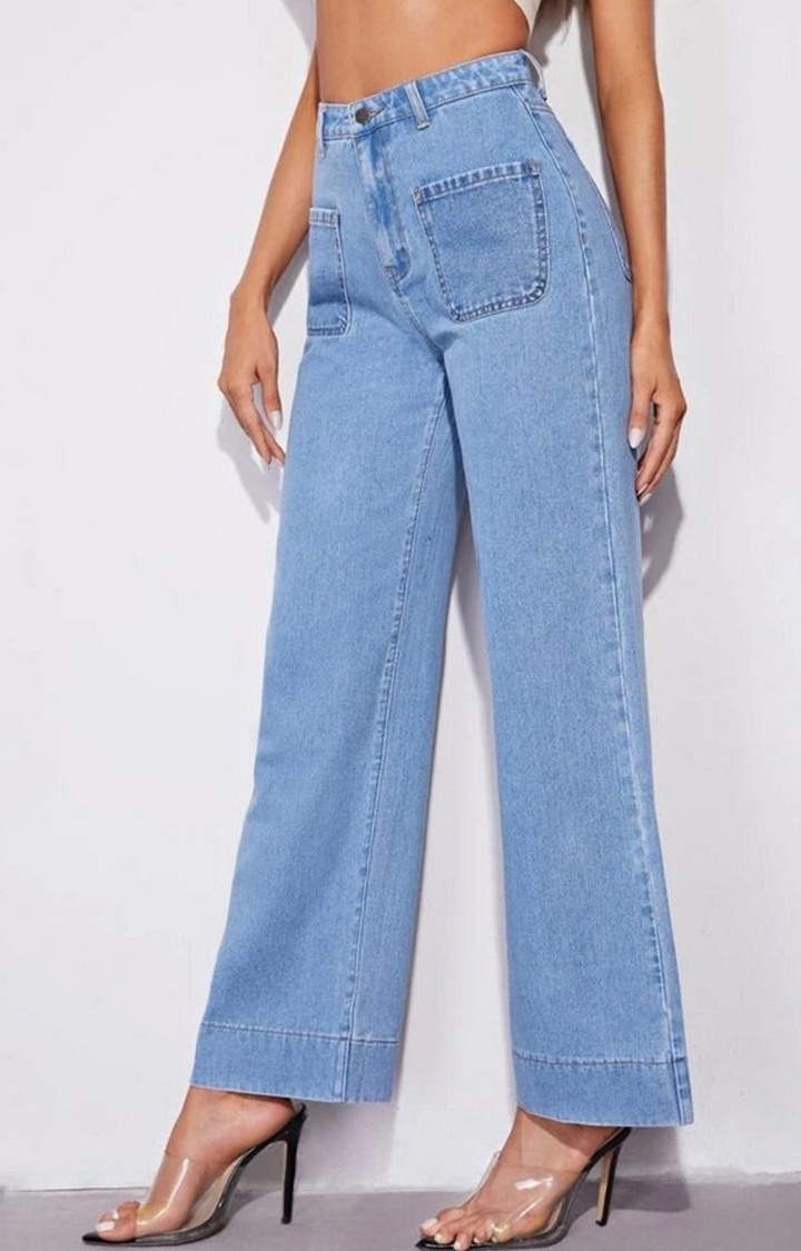 Women Front Pocket Sky Blue Wide Leg Jeans