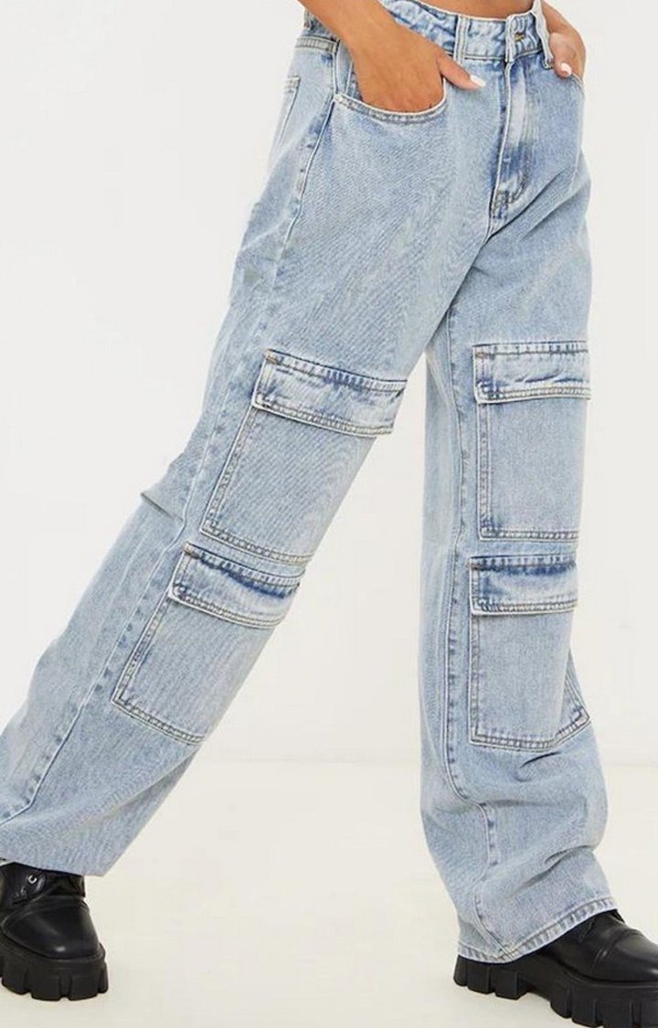 Women Blue Stone Wash Cargo Baggy Boyfriend Jeans