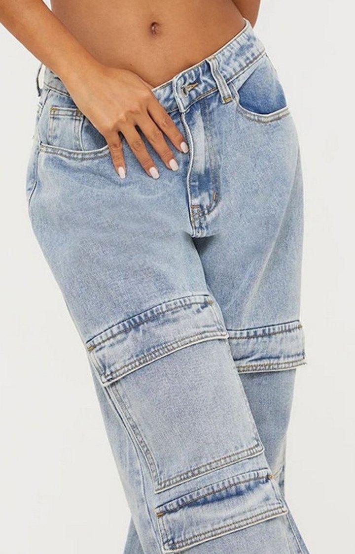 Women Blue Stone Wash Cargo Baggy Boyfriend Jeans