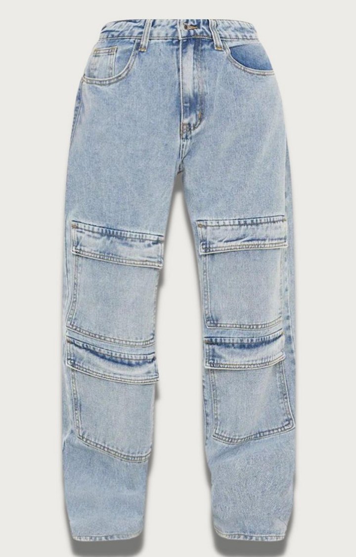 Women Blue Stone Wash Cargo Baggy Boyfriend Jeans