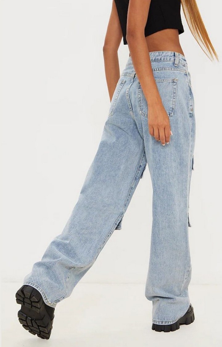 Women Blue Stone Wash Cargo Baggy Boyfriend Jeans