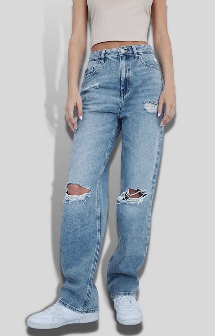 Women Dusty Blue Ripped Boyfriend Jeans