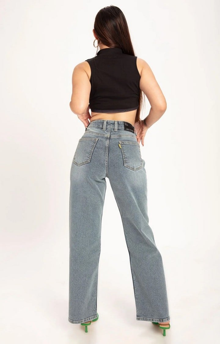 Women Stone Blue Korean Stretchable Wide Leg Ripped Jeans