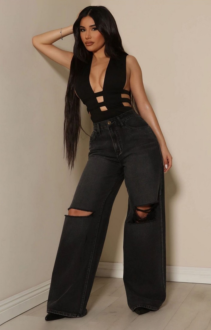Offduty India | Women Black All Out Distress High Rise Wide Leg Ripped Jeans 1