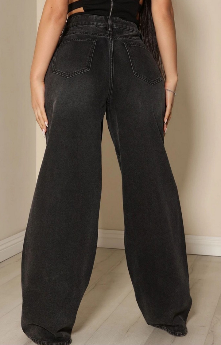 Women Black All Out Distress High Rise Wide Leg Ripped Jeans