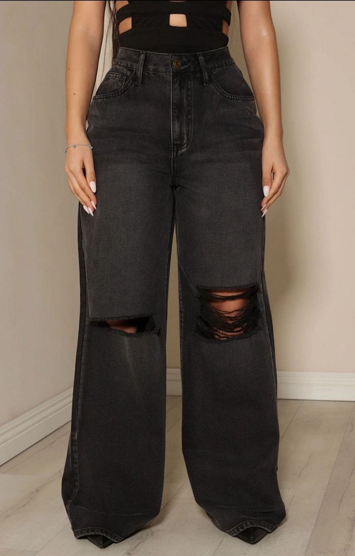 Women Black All Out Distress High Rise Wide Leg Ripped Jeans