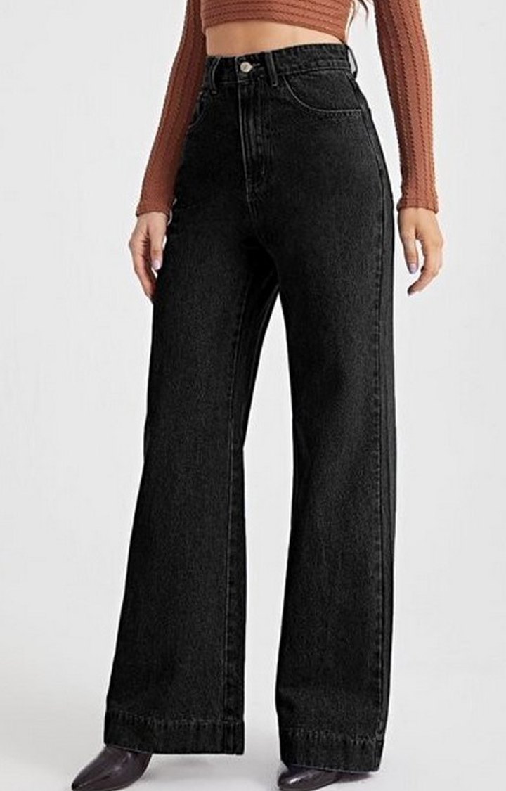 Women Onyx Black Stone Wash Wide Leg High Rise Jeans
