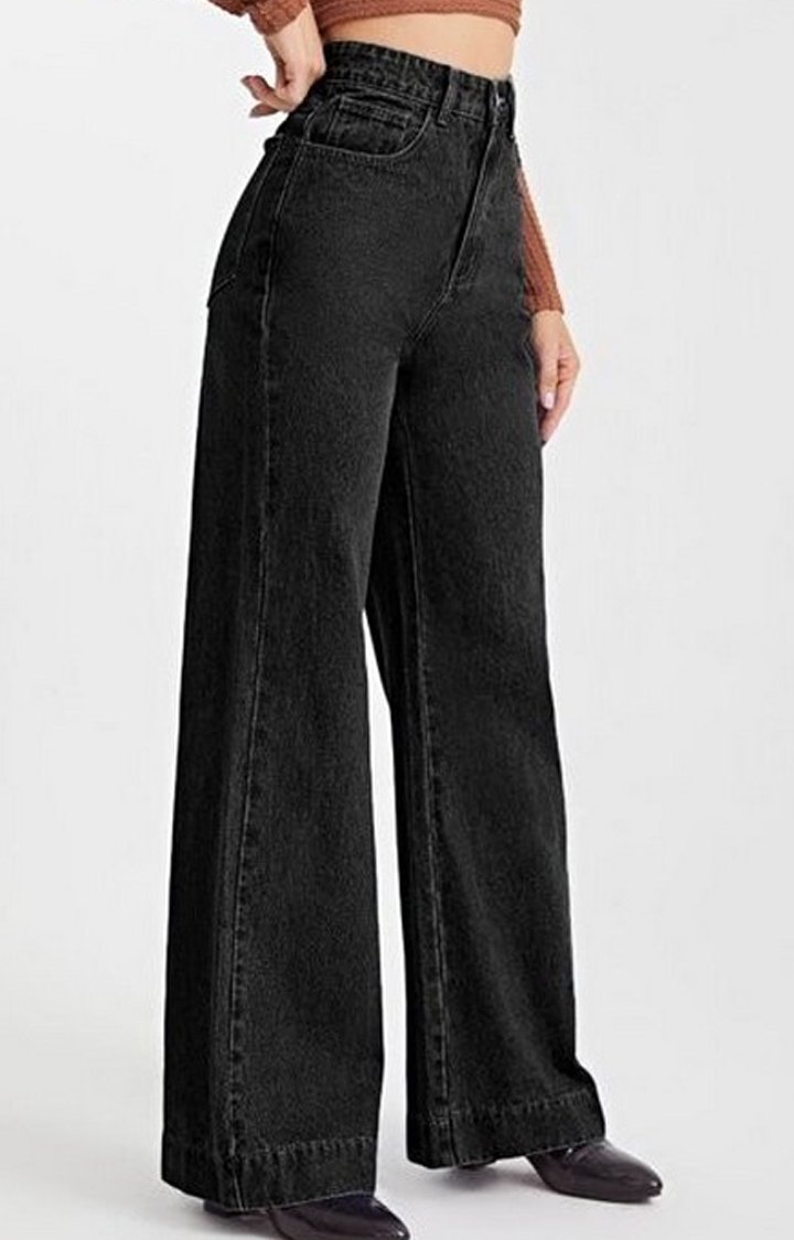Women Onyx Black Stone Wash Wide Leg High Rise Jeans