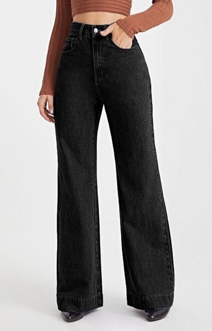 Women Onyx Black Stone Wash Wide Leg High Rise Jeans