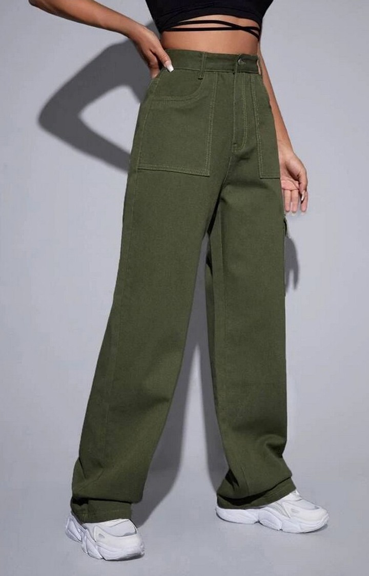 Women Army Green Baggy Fit Cargo Jeans