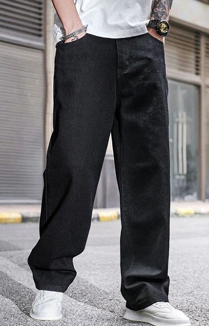 Offduty India | Men's Pure Black Baggy Fit Rigid jeans