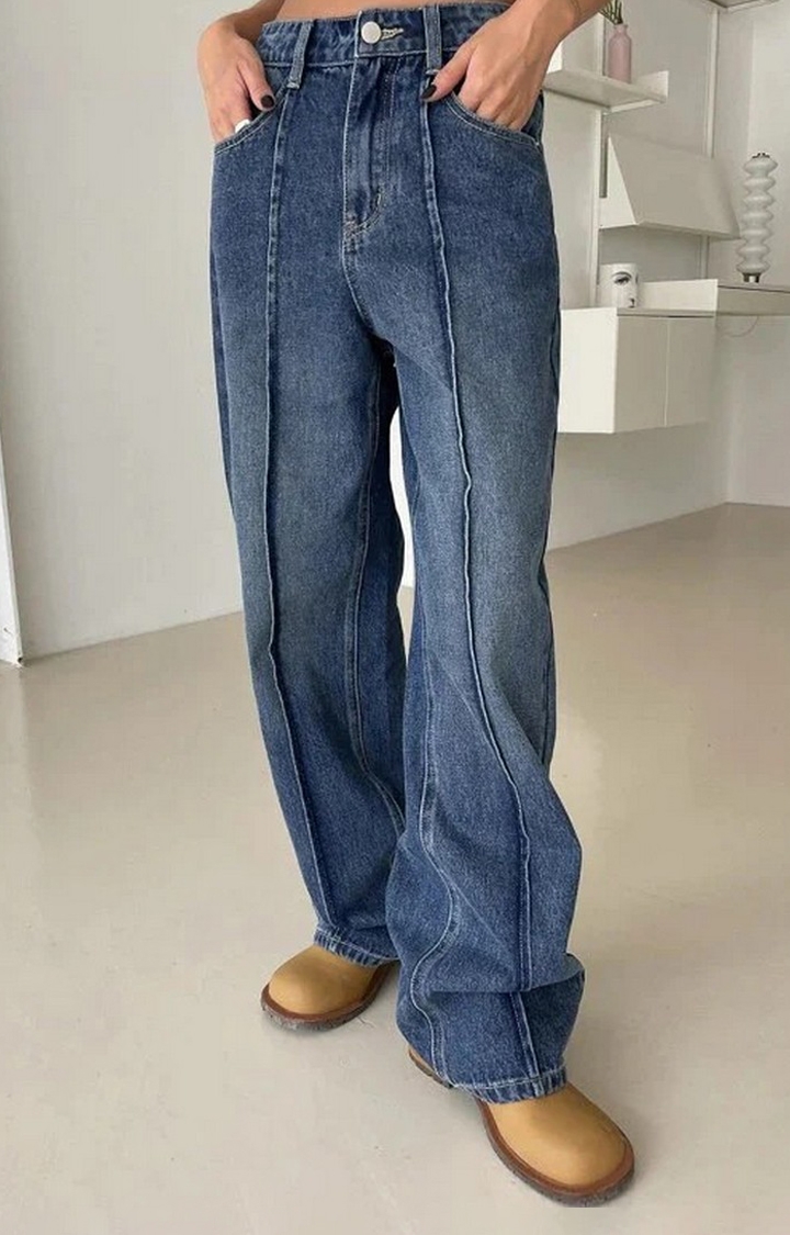 Offduty India | Women Super Sonic Blue Front Seam Detail Wide Leg Jeans 1