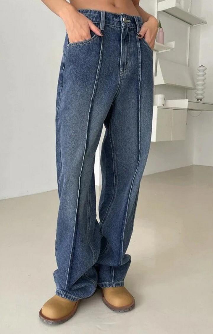 Offduty India | Women Super Sonic Blue Front Seam Detail Wide Leg Jeans 0