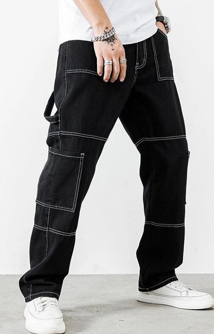 Black Contrast Stitch Carpenter Men's  Cargo Denims