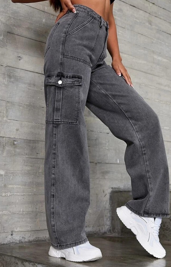 Women Metal Grey High Waist Cargo Jeans - Offduty India