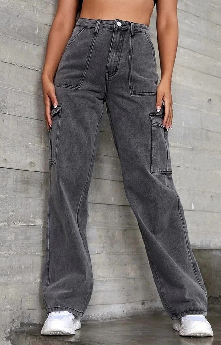 Women Metal Grey High Waist Cargo Jeans