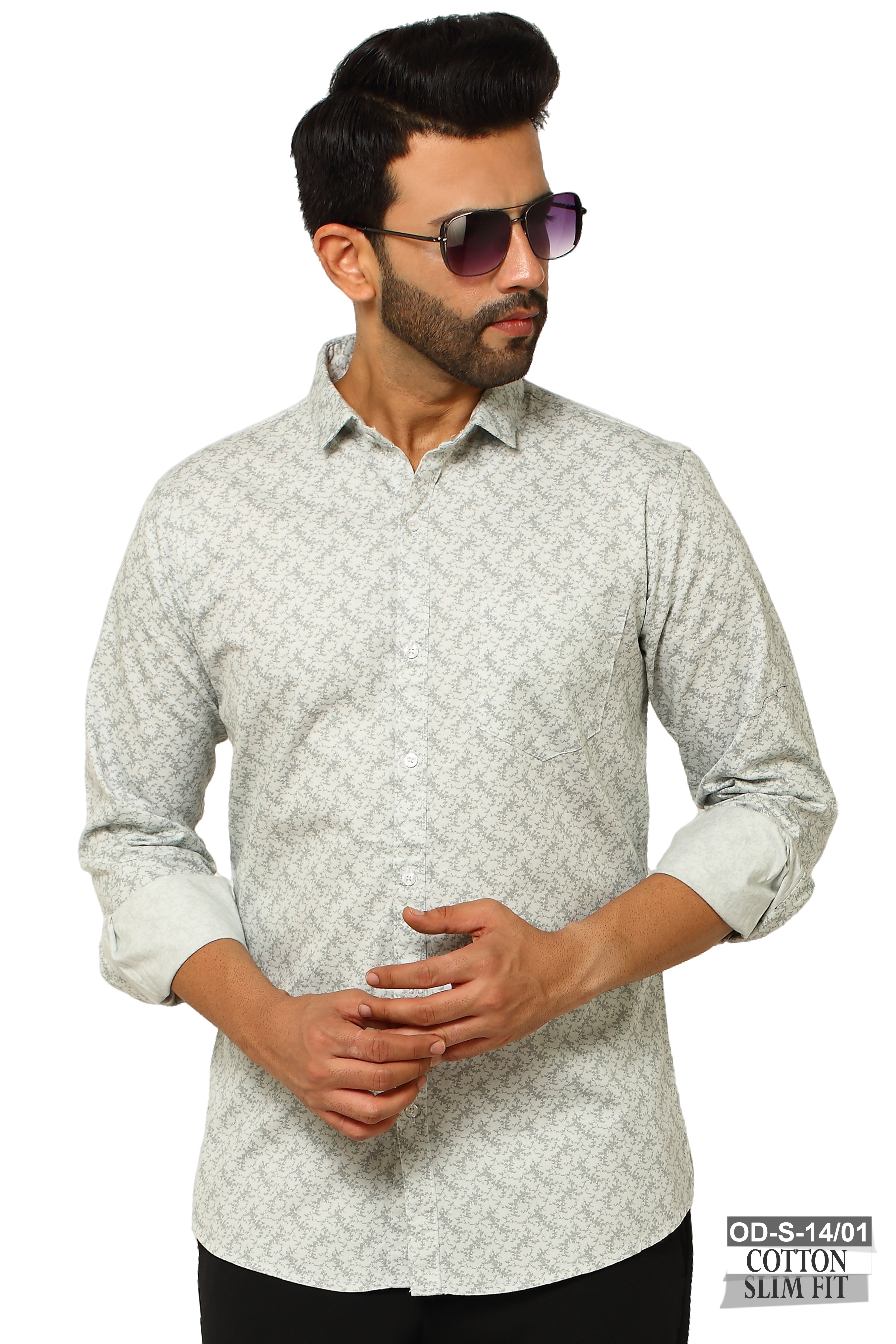 One Denim Grey Lite Printed Denim Formal Shirts