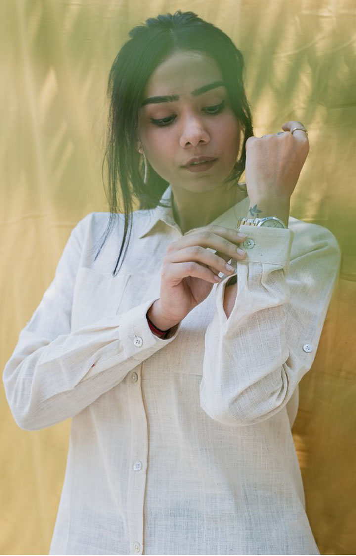 Women's Beige Cotton Solid Casual Shirt
