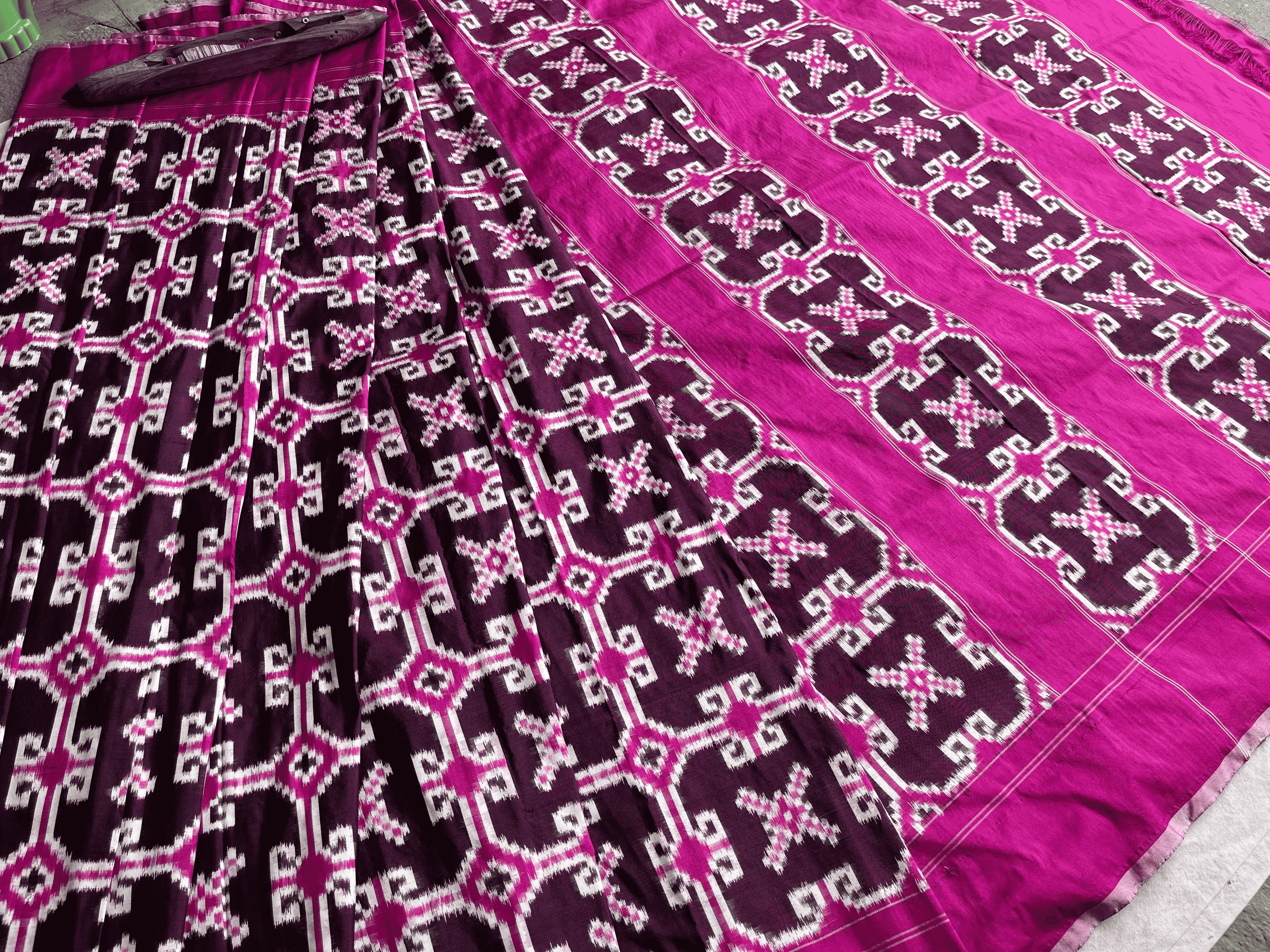 Teliya Rumal Double Ikat Jamun And Pink Combimnation Ikat Saree