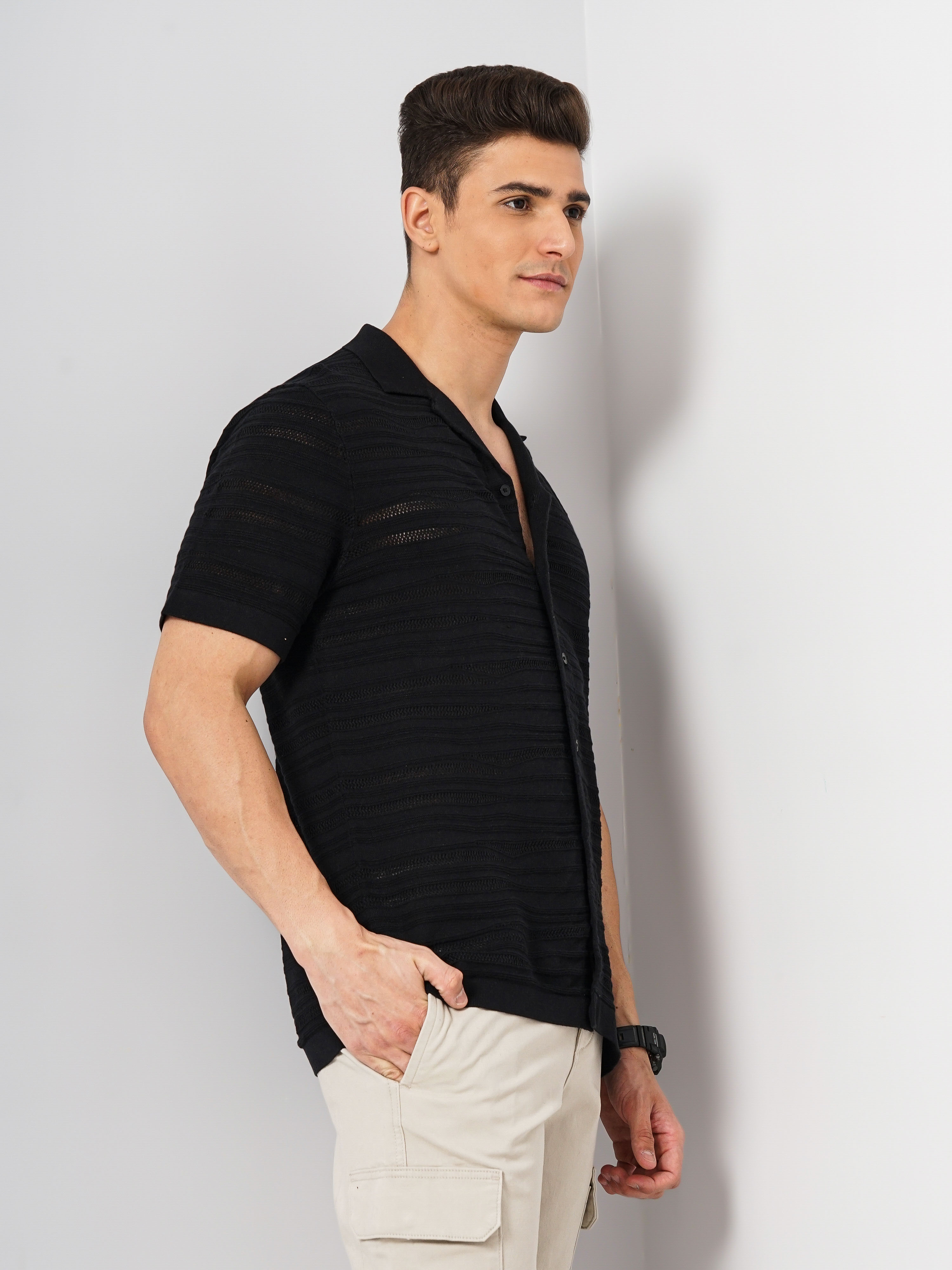 Celio Men Black Printed Regular Fit Cotton Flatknit Shirt